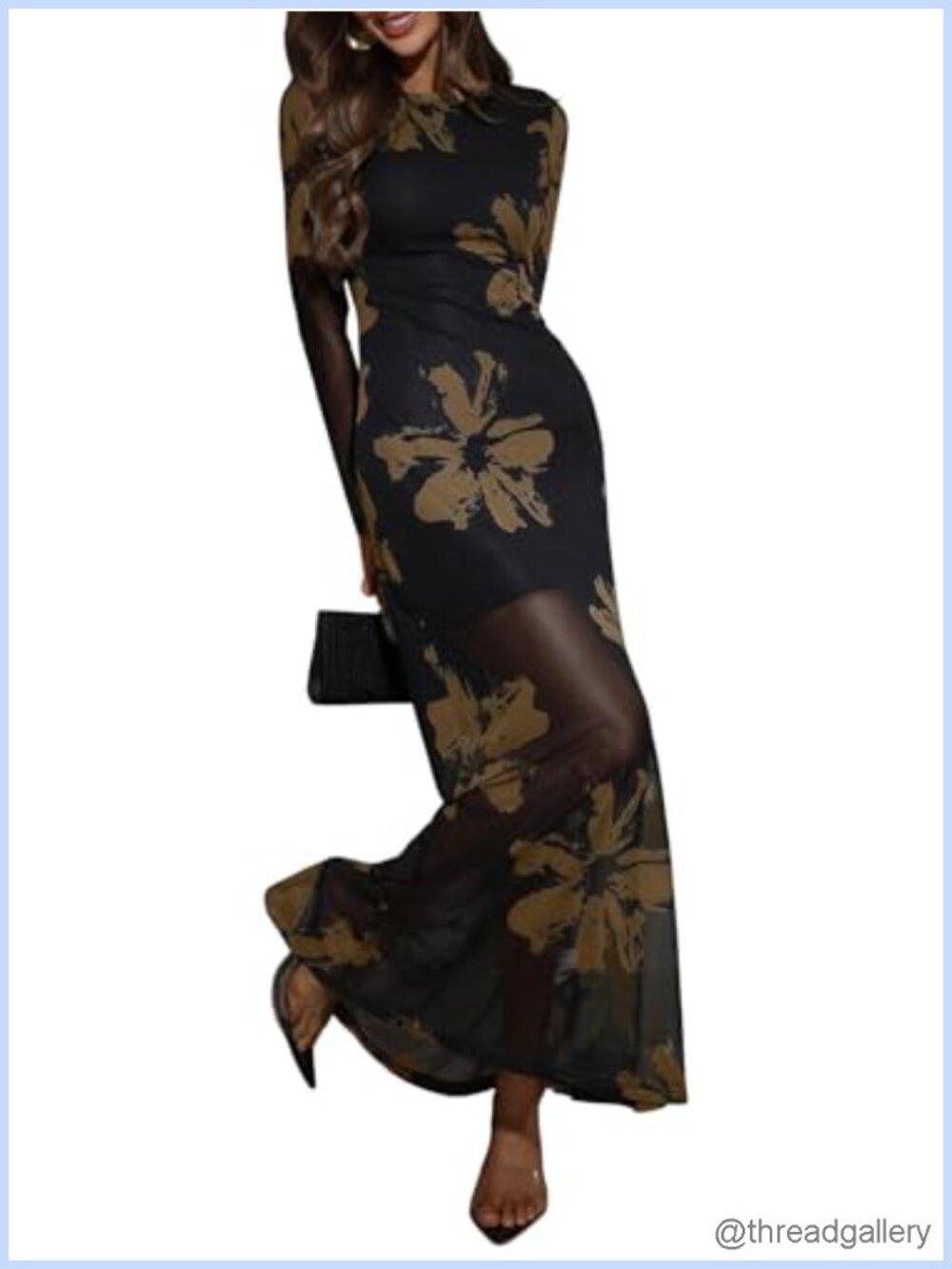 Long Sleeve Crew Neck Mesh Bodycon Maxi Dress Formal Wedding Guest